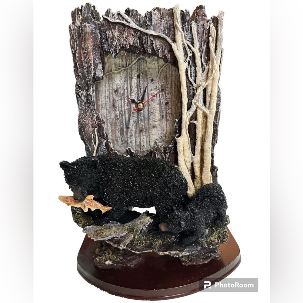 Mama Bear & Cub Fishing White Birch Trees Resin Clock Fully Functional Preowned
